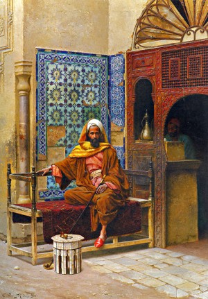 Arab smoking long pipe
